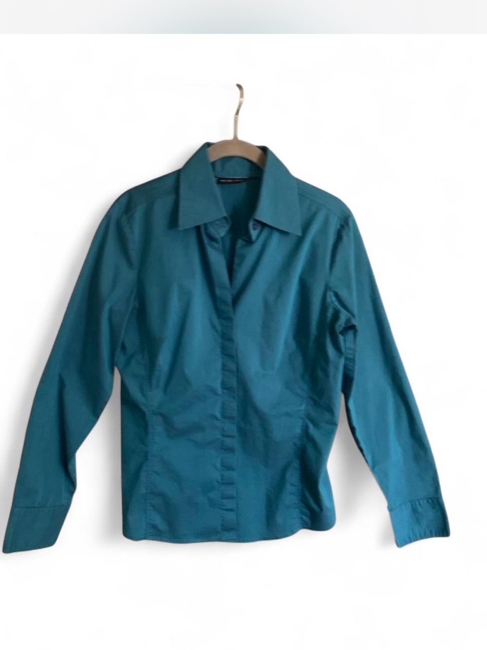 New York & Company Teal Long-Sleeve Button-Front Blouse size M